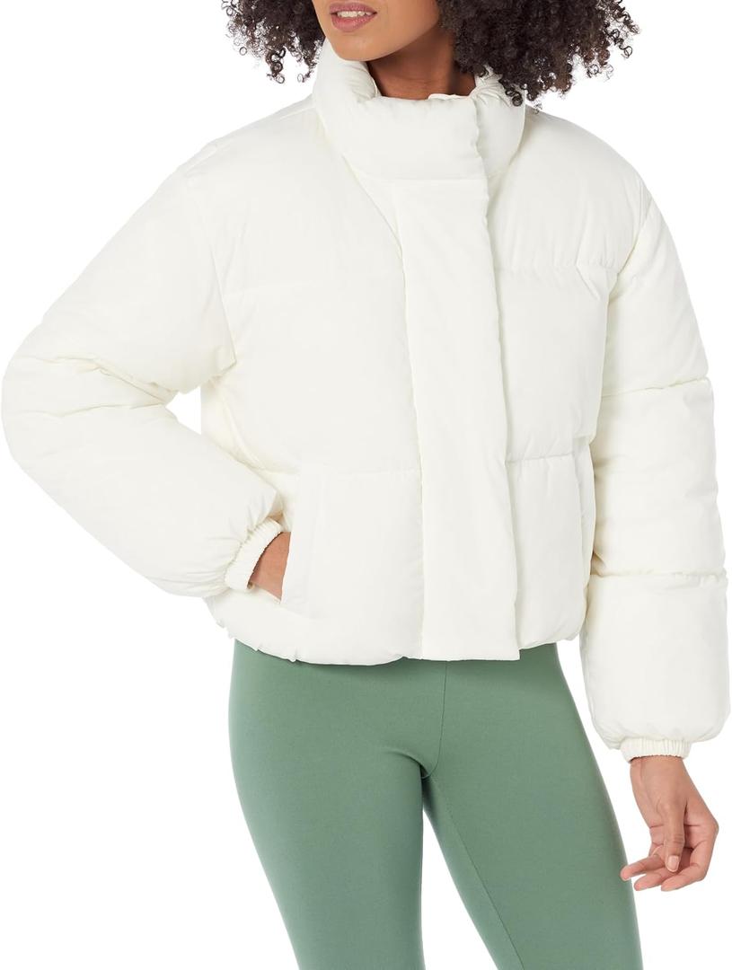 Amazon Essentials Womens Cropped Full-Zip Puffer Jacket (Quilted Matte or Sherpa Fleece) (Small, Eggshell White)