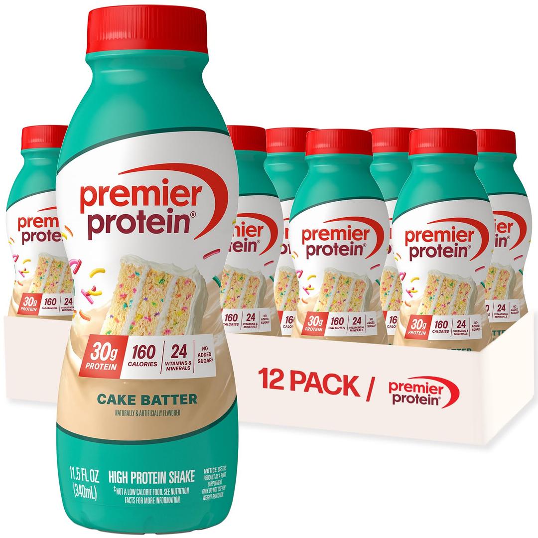 Premier Protein Shake, Cake Batter, 30g Protein, No Added Sugar, 24 Vitamins & Minerals to Support Immune Health, 11.5 fl oz, 12 Pack (EXP 12/07/26)