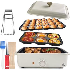 3 in 1 Multifunctional Electric Griddle Electric Skillet Nonstick Baking Maker with 3 Interchangeable Baking Plates for Takoyaki Maker Cake Pop Maker Pancake Maker White