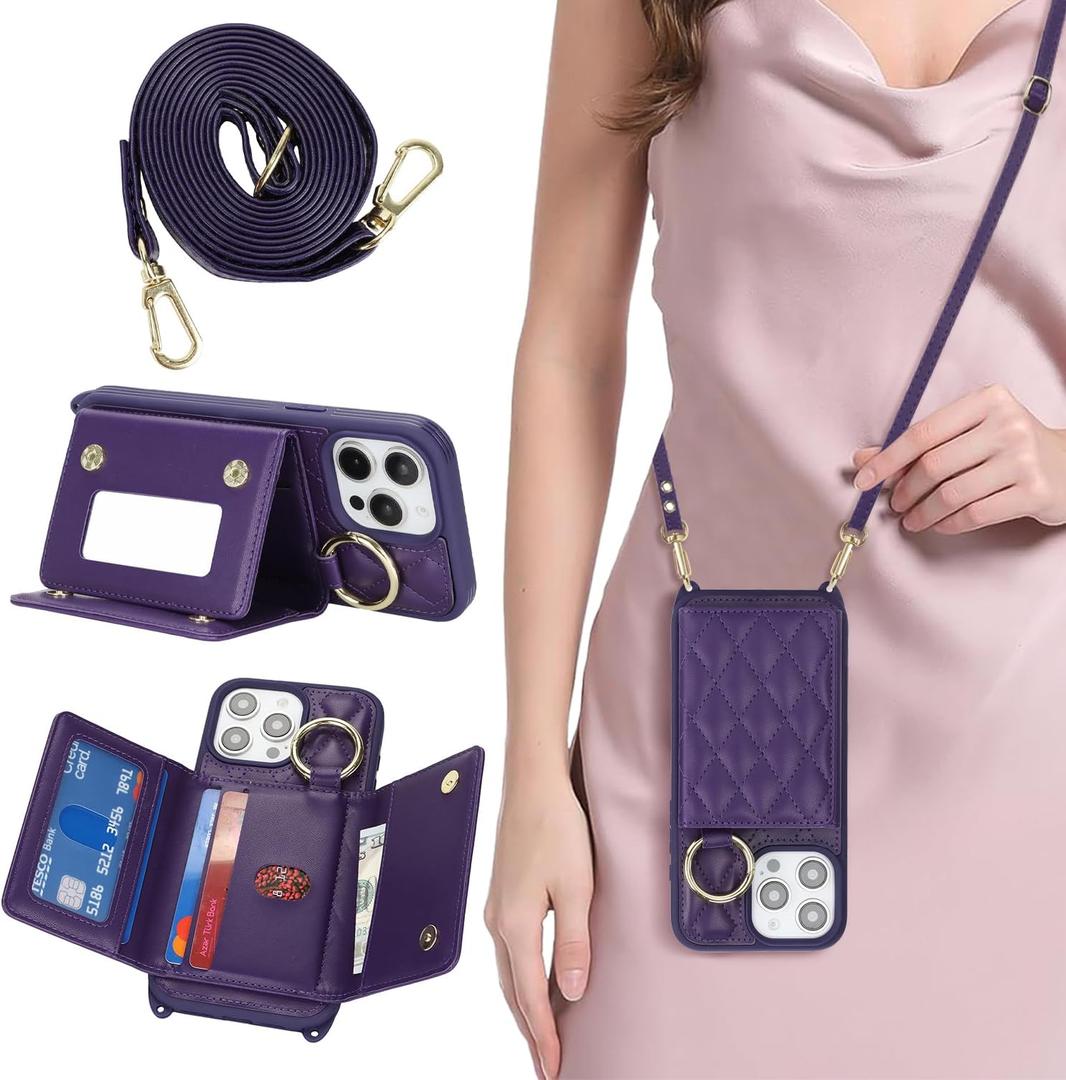 for iPhone 15 Pro Max Case with Card Holder and Strap, Deep Purple