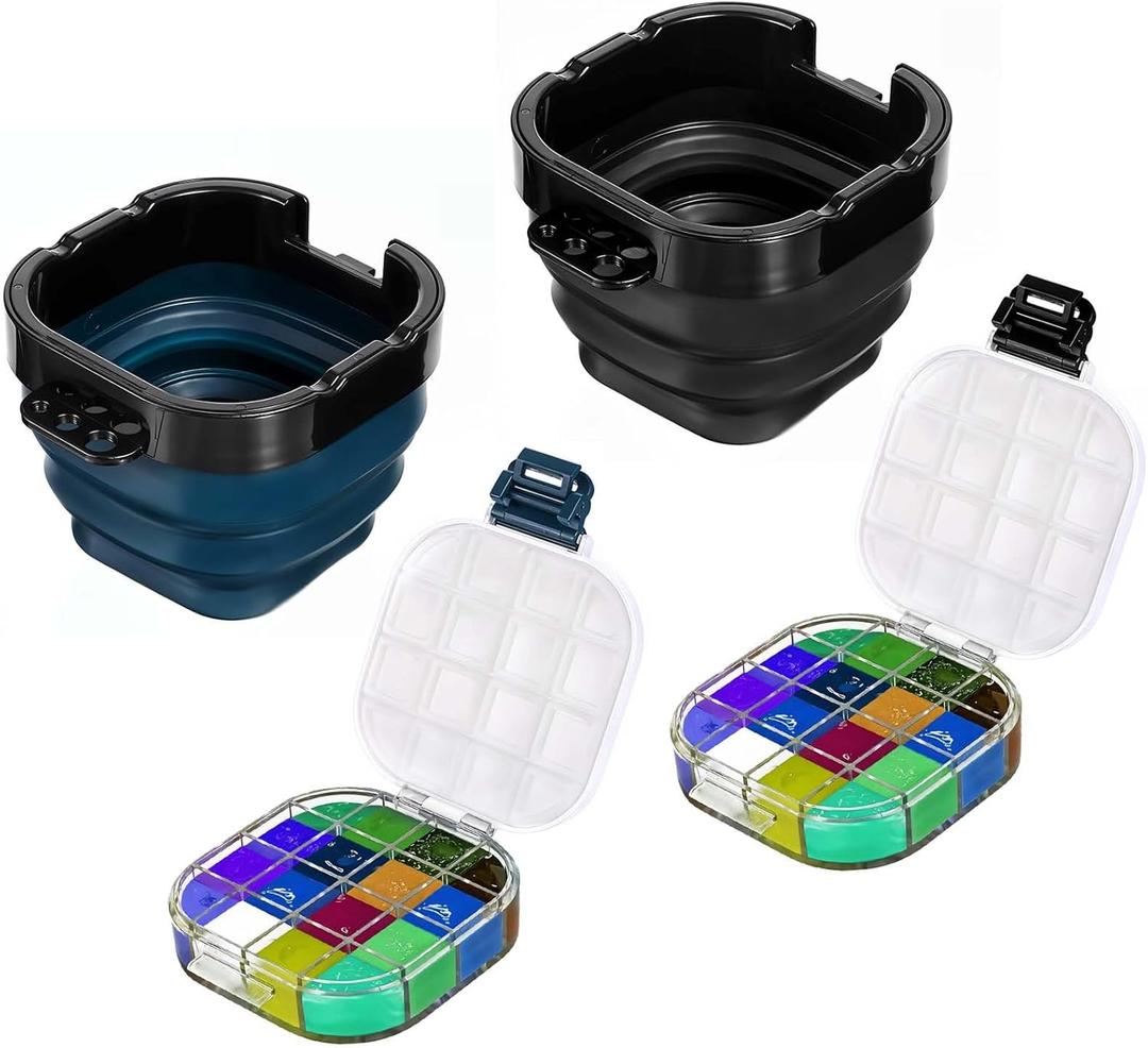 2 PCS Airtight Paint Saver Storage Palette Box, 16 Well Palette Box with Lid, Include Paint Brush Basin, Perfect for Gouache, Acrylic, Watercolor and Oil Painting (Blue, Black)
