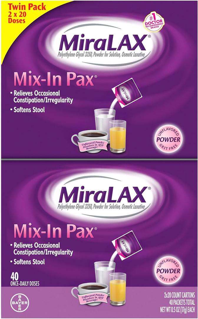MiraLAX Laxative Powder for Gentle Constipation Relief for Adults, Stool Softener with PEG 3350, Nonstimulant Laxative, No Harsh Side Effects, Single Dose Mix-in Pax, Travel Pack, 40 Doses
