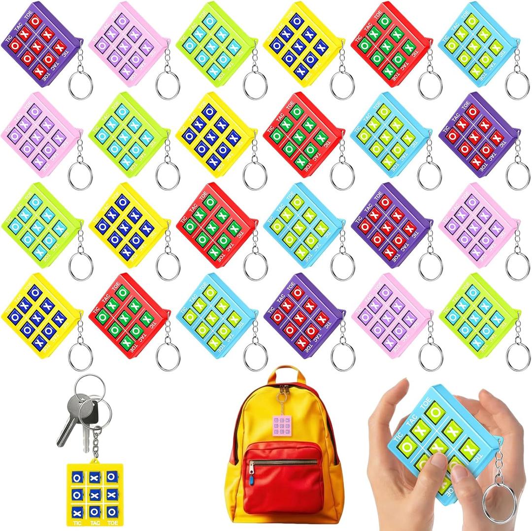 Zomiboo 24 Pcs Tic Tac Toe Game Party Favor Birthday Goodie Bag Easter Basket Stuffers Keychains for Kids 8-12 Classroom Prize Treasure Chest Carnival Prize Box Exchange Gift for Girl Boy (6 Color)