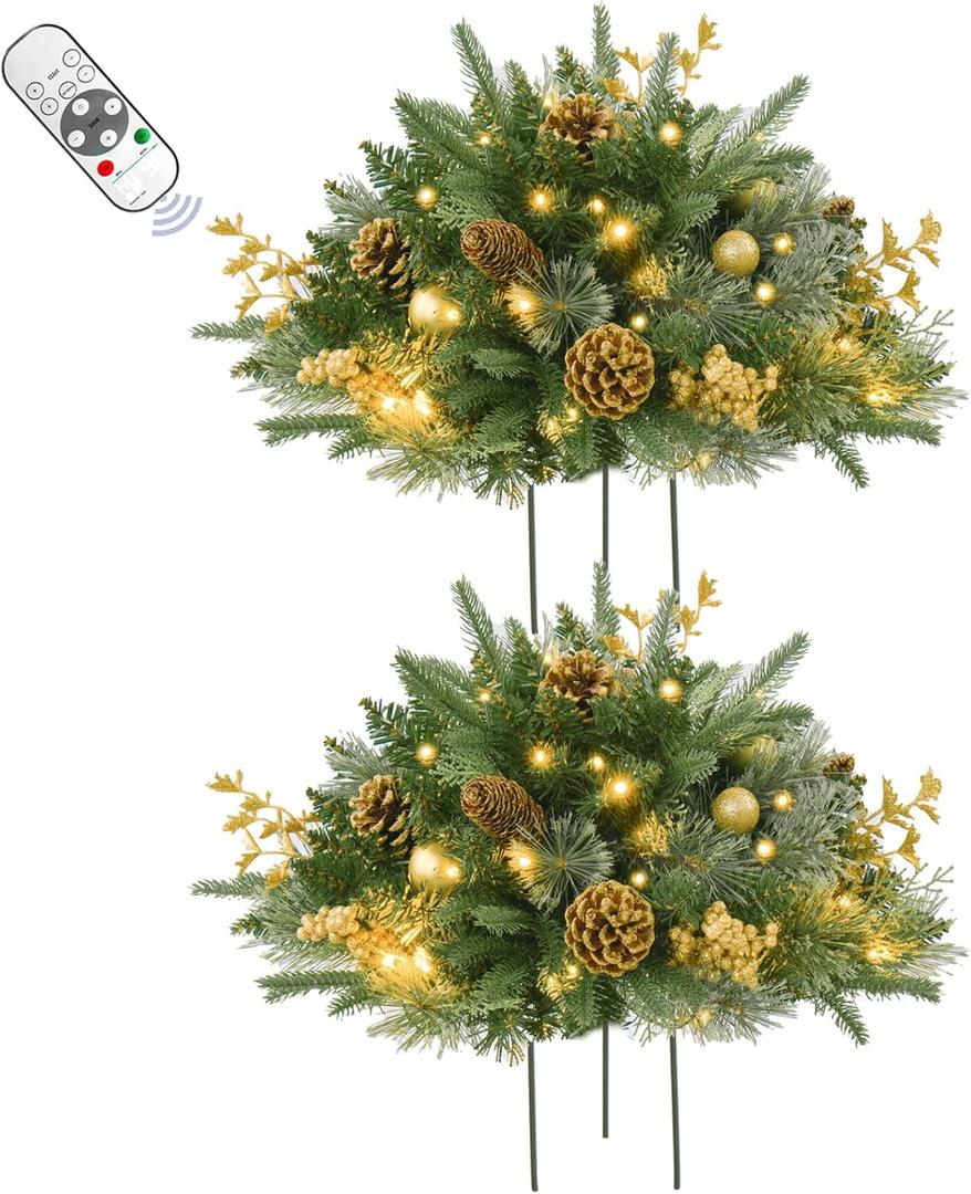 2 Pack 24 Inch Lighted Outdoor Christmas Tree with Dual Color LED Lights, Remote Control Battery Operated Pre-lit Pathway Urn Filler, Christmas Porch Decorations for Home, Porch & Yard (Green Gold)