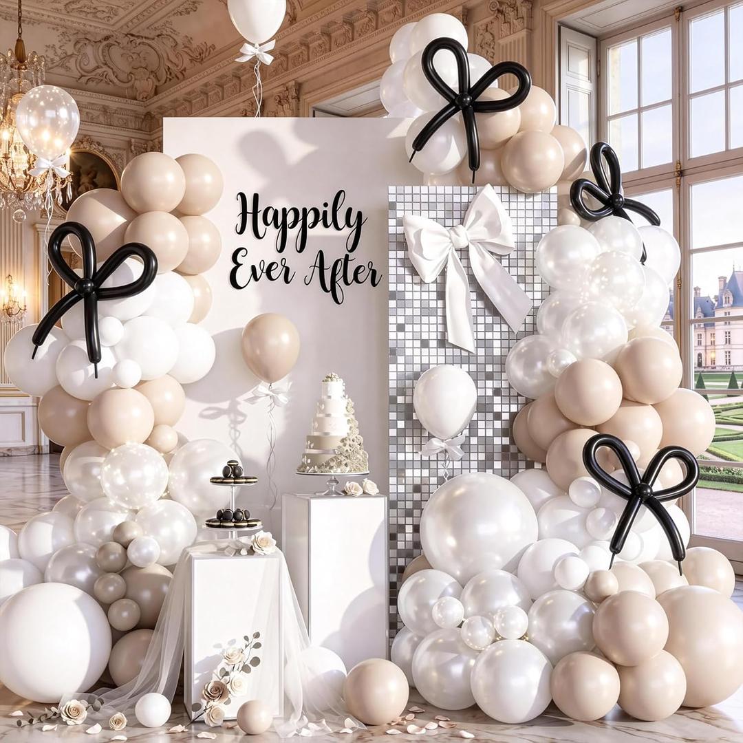 White Balloon Arch Kit, 120pcs Pearl Balloon Garland Arch Kit, Pearl Balloons with Black Long Balloons for Boho Birthday Wedding Bridal Shower Bachelorette Baby Shower Engagement Party Decorations