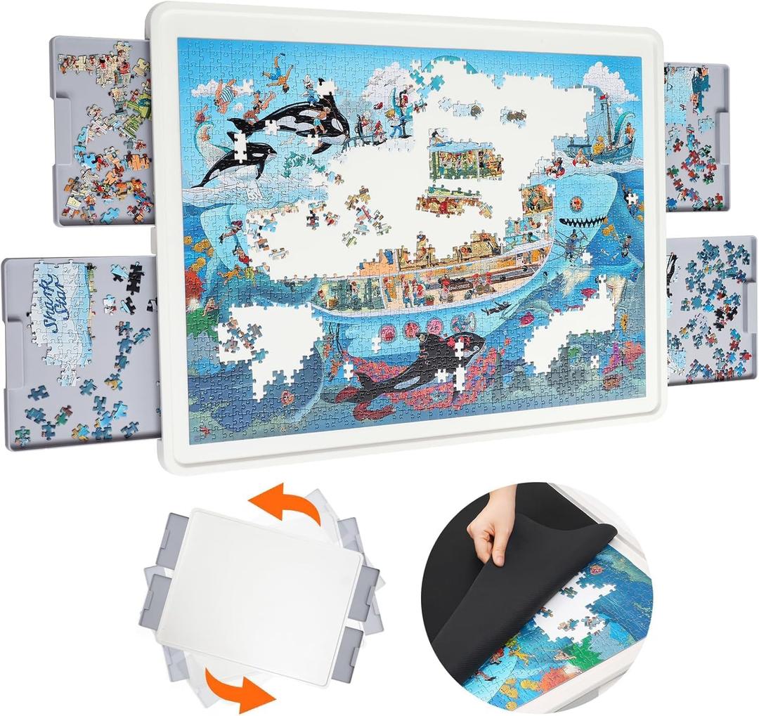 1500 Pieces Rotating Plastic Puzzle Board with Drawers and Cover, 35"x27" Portable Spinning Jigsaw Puzzle Table for Adults, Upgraded Lazy Susan, Ideal Gift for Mum (Gray Drawers)