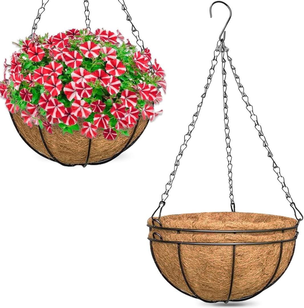 ZeeDix 3 Pack 14 Inch Metal Round Hanging Planter Basket with Coconut Liners Replacement, Hanging planters Baskets with Natural Coco Liner for Outdoor Indoor Planters Flowers Vegetables