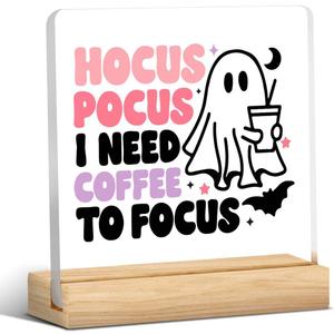 Cute Hocus Pocus Decor Halloween Ghost Coffee Acrylic Sign Decorations for Home Kitchen Coffee Bar Station Table Desk Decor Gifts for Women
