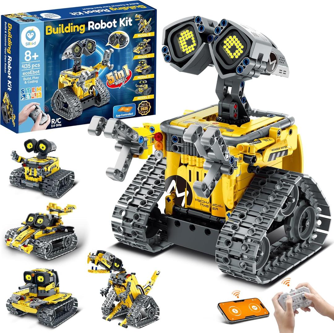 Sillbird Robot Building Kit with Remote Control for Boys Ages 8-14, Christmas STEM Coding Robotics Technic Toy Birthday Creative Gifts for Kids, Buildable 5in1 Models with 435 Pieces (Yellow)
