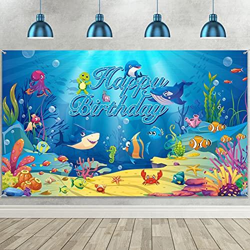 Under The Sea Birthday Banner Ocean Animal Party Decorations Birthday Photo Backdrop Background Dolphin Shark Underwater Decorations Supplies for Kids Birthday Party Baby Shower, 72.8 x 43.3 Inches