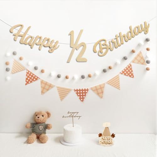 Happy 1/2 Birthday Banner Pre-Strung Pennant Felt Fabric Banner Flags and Pom Pom Garland, Party Hat for Half Birthday Decorations, Reusable Half Way to One Bunting Sign for Girl Boy 6 Months Party