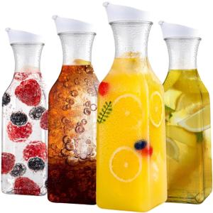 Set of 4 Plastic Carafe with Lid, 50 Oz Carafes for Mimosa Bar Supplies, Square Base Juice Containers, Water Bottle, Milk Container, Clear Beverage Containers for Fridge