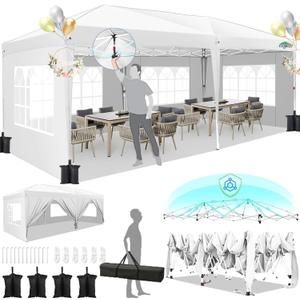HOTEEL 10x20 Pop Up Canopy with 6 Sidewalls, One-Push Setup Canopy Tent with 8 Windbreak Poles, 10x20 Waterproof Outdoor Canopies for Parties Market Weddings Camping Patios (White)