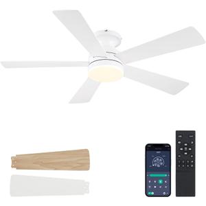 White Ceiling Fans with Lights - 46" Flush Mount Low Profile Ceiling Fan Light with 5 Double-Sided Blades, 6 Speeds 3CCT Reversible Motor, Modern Ceiling Fan for Indoor/Outdoor Patios