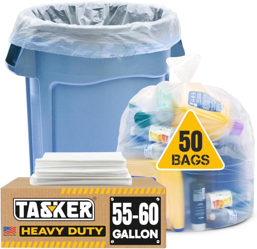 55 Gallon Clear Trash Bags, (50 Bags w/Ties) Large Clear Plastic Recycling Garbage Bags (50 Count (Pack of 1)
