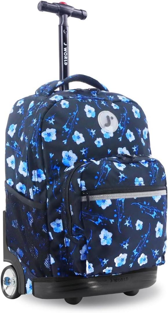J World Sunrise Kids Rolling Backpack for Girls Boys. Roller Bookbag With Wheels For School, Night Bloom, 18"