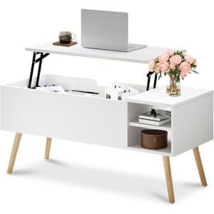 ALINE FURNITURE White Coffee Table Lift Top - Coffee Table with Solid Wood Legs, Hidden Storage Compartment & Open Shelves - 40" Lift Up Coffee Tables for Living Room