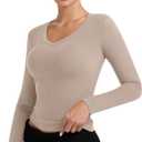 PINKMSTYLE Women's V Neck Long Sleeve Thermal Shirts Fall Winter Lightweight Base Layer Undershirts Basic Tops (Beige, XS)