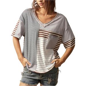 SOLY HUX Women's Striped Print T Shirts Vintage V Neck Short Sleeve Summer Tee Tops with Pocket (S)