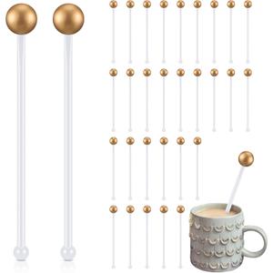 Mimorou 30 Pcs 6'' Christmas Gold Pearl Swizzle Sticks Plastic Drink Stirrers Xmas Cocktail Stirrers for Drinks Hot Cocoa Coffee Tea Festive Reusable Beverage Decorations