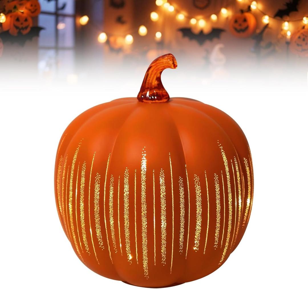 Starry Night Pumpkins, Twinkle Light Resin Pumpkins, One-Button Switch Control, Built-in LED Light, Indoor Glowing Night Light, Halloween Decor for Home (Orange)
