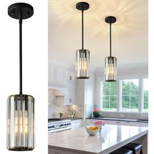 Black Pendant Lighting Modern Pendant Light Mini Crystal Chandeliers, Adjustable Pendant Light Fixture for Kitchen Island Dining Room Corridor Bedroom(Black 2-Pack)