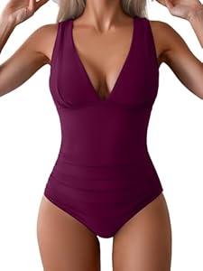 Eomenie One Piece Swimsuit for Women Tummy Control Plunge V Neck Bathing Suit Slimming Wide Straps Swimwear Burgundy
 (Small)