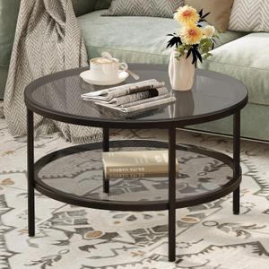 Yusong Round Glass Coffee Tables for Living Room, 2-Tier Circle Coffee Table with Storage, 26" Modern Center Accent Table with Light Black Glass, Small End Table for Small Space, Bedroom Yusong Round Glass Coffee Tables for Living Room, 2-Tier Circle Coffee Table with Storage, 26" Modern Center Accent Table with Light Black Glass, Small End Table for Small Space, Bedroom