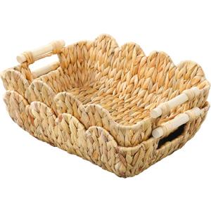 Small Wicker Basket 2 Pack,Scalloped Basket for Organizing and Decor,Natural Water Hyacinth Storage Baskets with Wooden Handles for Gifts,Snack,Shelves