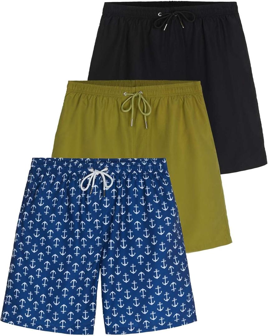 Real Essentials 3 Pack: Men's 7" Quick-Dry Swim Trunk with with Mesh Lining 