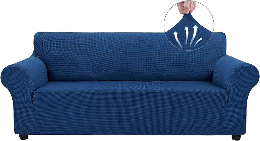 Asnomy Couch Covers for 3 Cushion Couch Stretch Sofa Covers Slipcovers, Pet Protector Furniture Covers for Dogs Cats Spandex Jacquard Fabric Small Checks LargeClassic Blue