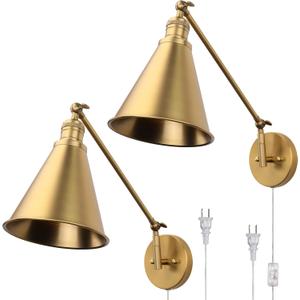 PERMO Wall Sconce Set of 2 Plug in Metal Wall Sconces Swing Arm Wall Light with Flared Metal Shade for Bedside Bedroom (Antique Gold)
