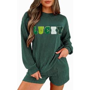 Opemiby Womens Ribbed Pajama Sets Long Sleeve Top and Shorts Matching Lounge Set Loungewear Sweatsuit with Pockets