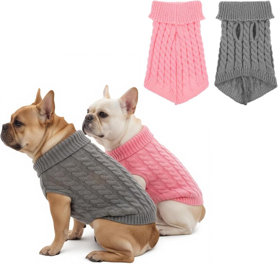2 Pack Dog Sweaters for Small Dogs, Soft Knitted Puppy Sweater Pet Warm Clothes in Winter Cold Weather Pullover Design Small Dog Sweater for Boy Girl Dogs Cats (Grey, Pink)