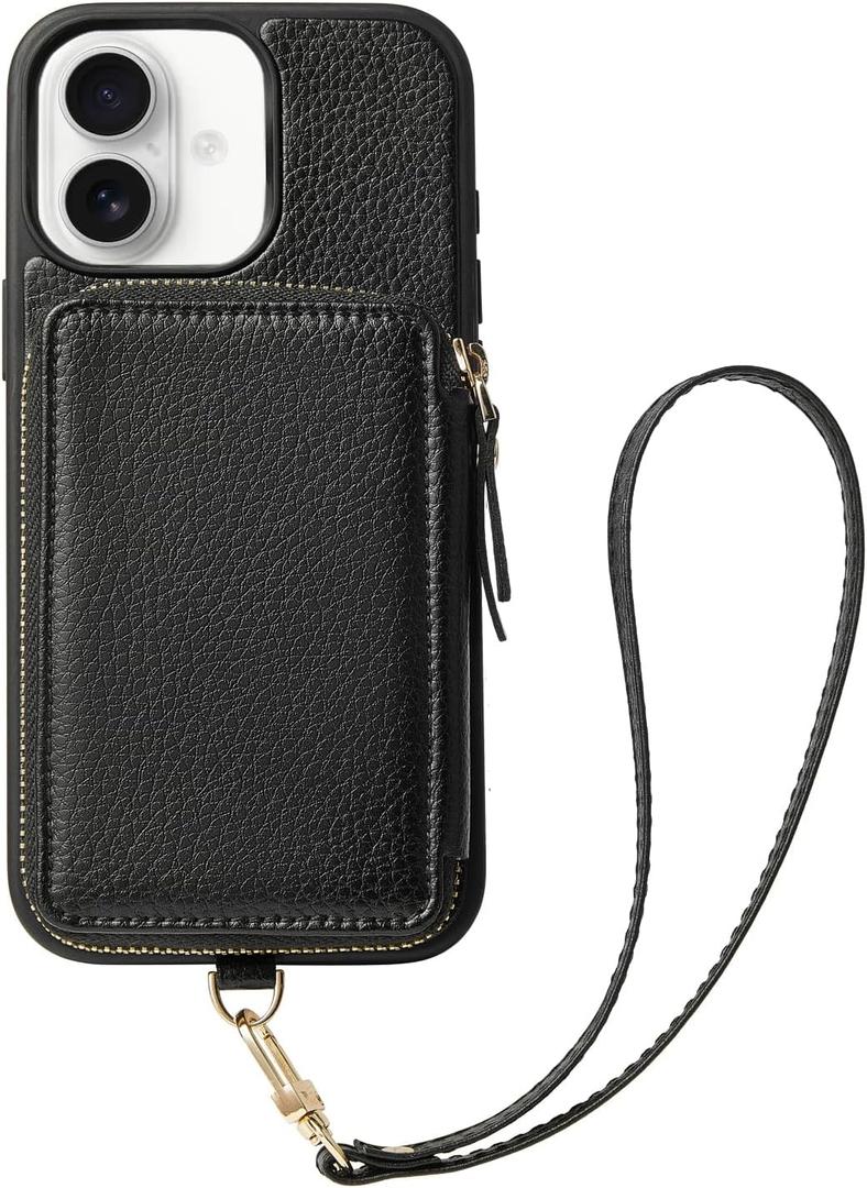 ZVE Compatible with iPhone 16 Case Wallet, Phone Cover with Card Holder Wrist Strap, RFID Blocking Zipper Leather Case for iPhone 16, 6.1"-Black