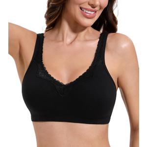 HACI Women's Comfort Cotton Bra Plus Size Everyday Non Padded Wirefree Lace Floral(Black, 38DD)