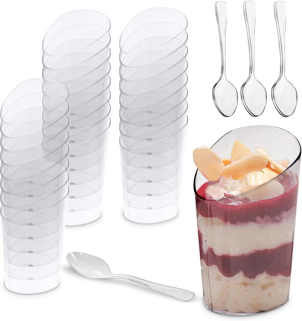 Open Cut Slanted Round Dessert Cups - 3 ounce - 40 Count - Spoons Included - Clear Plastic - Slanted Cylinder Mini Dessert Cup - Appetizer Cup - Tasting Glass-Sample Shot Glass -Disposable or Reusable
