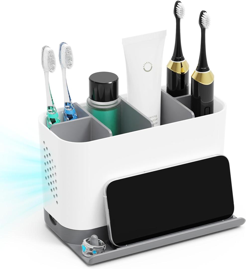 Toothbrush Holders for Bathrooms, Adjustable 6 Slots Electric Toothbrush and Toothpaste Holder, Cord-Friendly Detachable Bathroom Countertop Organizer with Front Ledge for Phone and Ring Holder (Grey and White)