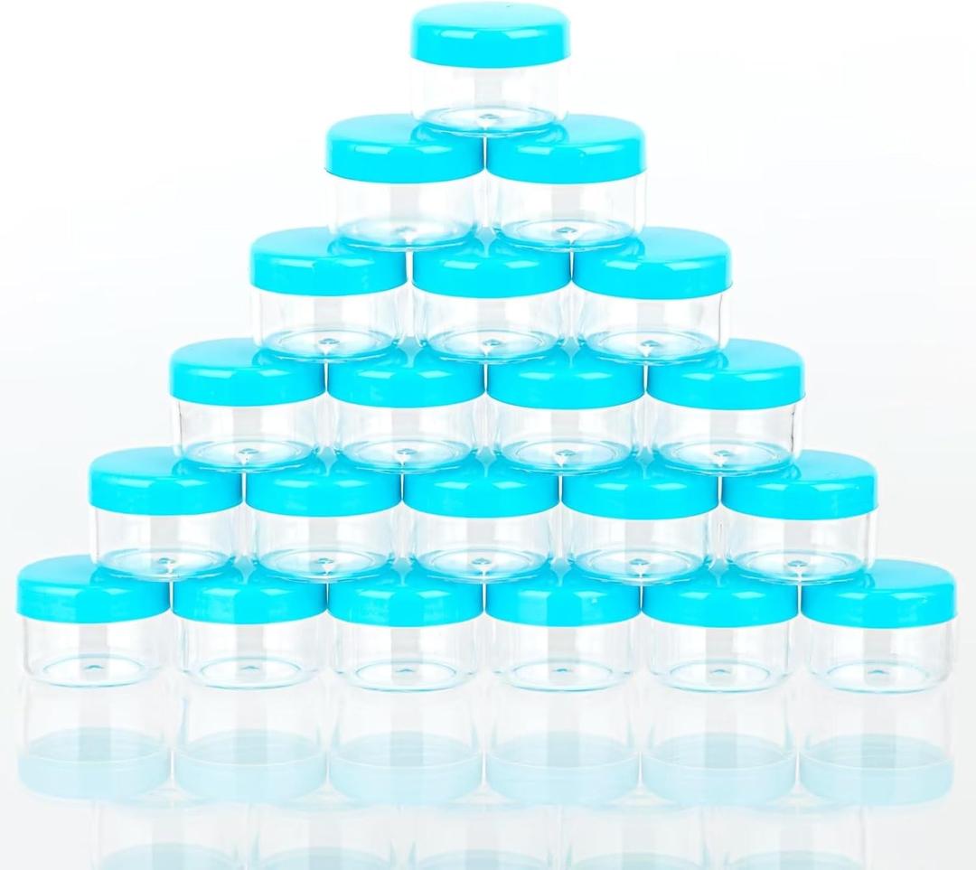 ZEJIA 5 Gram Sample Containers with Lids, Mini Makeup Containers, Empty Plastic Travel Cosmetic Containers with Labels(25 Count, Blue Lid)
