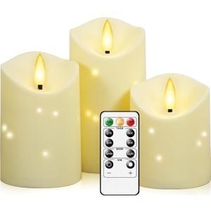 Outdoor Waterproof Flickering Flameless Candles with Embedded Star String,3Pcs LED Pillar Candles Battery Operated with Remote and Timers for Courtyard,Porch,Camping,Holiday Decoration(Ivory) (D3.25xH4"5"6")