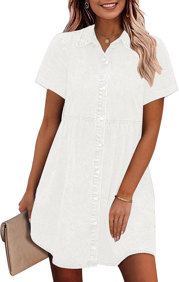GRAPENT Denim Dress for Women Babydoll Tiered Short Sleeve Button Down Jean Shirt Dresses (White, L)