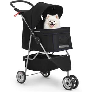 BestPet | 3-Wheel Pet Stroller | Dog and Cat Stroller | Breathable Mesh | Lightweight Travel Carrier | Waterproof & Foldable Design | Storage Basket | Black | for Daily Walks & Outdoor Use