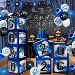 2026 Graduation Decorations - Blue Balloon Boxes with Letters 2026 Grad & So Proud of You and Blue Black White Print Balloons, Graduation Party Decorations Class of 2026 for Any Grades(Blue)