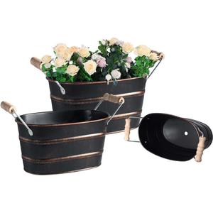 Galvanized Metal Oval Planter Buckets with Handles  Set of 3 Rustic Farmhouse Flower Tubs with Drain Holes & Plugs, Vintage Small Pots for Herbs, Succulents, Wedding or Tabletop Decor (Black)