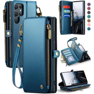 Defencase Compatible with Samsung Galaxy S22 Ultra Case Wallet with RFID Blocking Card Holder for Women Men, PU Leather Magnetic Snap Flip Zipper Strap Phone Case Fit for Galaxy S22 Ultra 5G, Blue (Elegant Dark Blue)