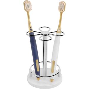 HarJue Toothbrush Holder Stand for Bathroom, Metal Toothbrush Organizer with Marble Base, Toothbrush Storage Collection for Family, Suitable for Home Hotel Countertop Vanity (Small, Chrome Finish)