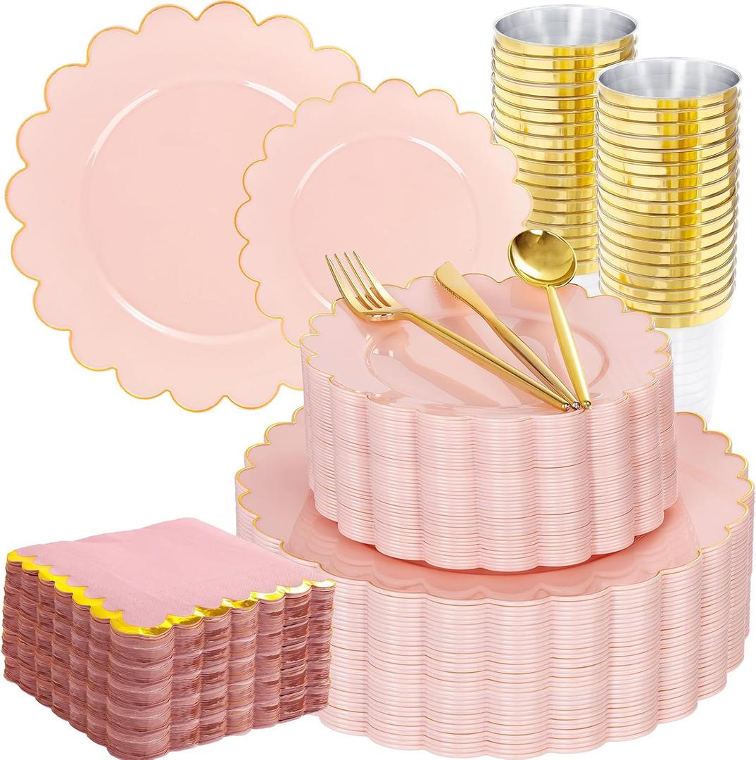 LIYH 210 Pcs Pink and Gold Scalloped Plastic Plates - Disposable Dinnerware Set,Include Gold Plastic Silverware,Pink Plates and Napkins Party Supplies for Birthday Wedding