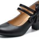 fereshte Women's Mary Jane Pumps with Bow, Round Closed Toe, Double Strap Chunky Heel Shoes, Size 7.5