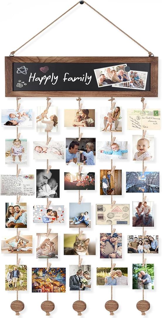 Bikoney Picture Frames Collage Photo Hanging Display Picture Board Wood Rustic Frames for Wall Decor and Dorm Room Decor with Blackboard and 30 Clips Carbonized Black (1-Pack)