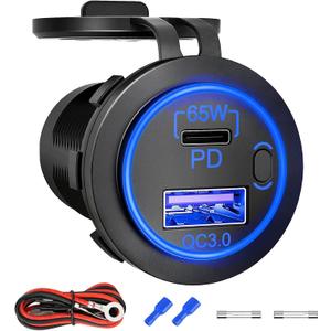 83W 12V USB Outlet, 18W QC 3.0 USB A & 65W PD USB C Car Charger Socket with ON Off Switch for Car Golf Cart Boat Marine Bus Truck RV Marine Motorcycle